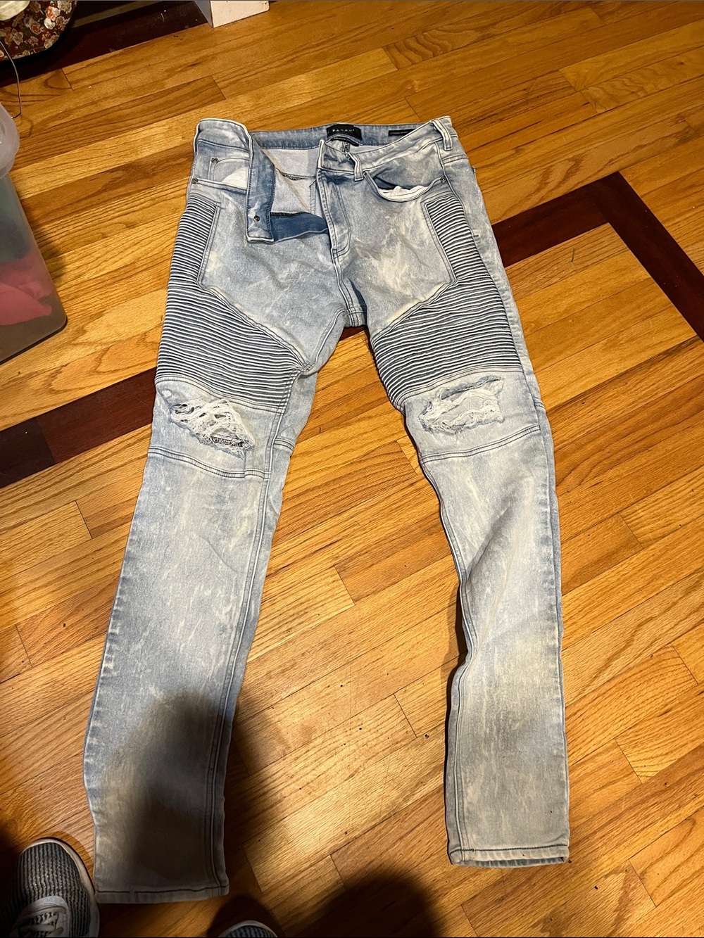 Men's Washed Light Blue Distressed Moto Jeans
